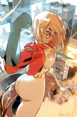 1girls alien alien_girl alien_humanoid artist_signature ass ass_focus belt big_ass big_breasts big_butt blonde_hair blue_boots blue_eyes blue_gloves boob_window breasts brown-tinted_eyewear buildings butt_focus cleavage cover_page curvaceous curvy curvy_figure dc dc_comics dove female flexing flexing_bicep flying gloves gold_belt golden_belt heroine hourglass_figure huge_ass jacket kara_zor-l karen_starr kryptonian leotard looking_at_viewer looking_back looking_over_eyewear looking_over_sunglasses night official official_alternate_costume official_art pink_lips pose power_girl red_jacket round_ass seductive seductive_eyes seductive_look seductive_mouth seductive_smile simone_di_meo_(artist) smile solo_female solo_focus sunglasses superheroine tinted_eyewear voluptuous white_leotard