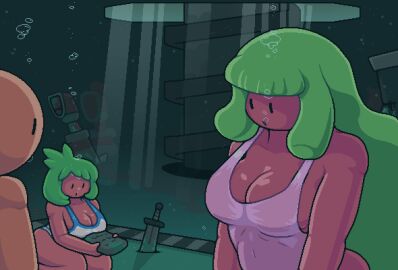 bubble bubbles diving female green_hair happy_wars okami_tomato pink_swimsuit princess_tomato_(okami_tomato) red_skin ruins swimsuit sword tomato_(okami_tomato) tomato_girl_(okami_tomato) underwater