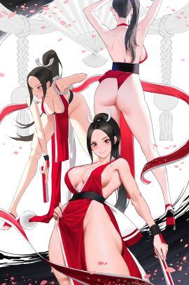 ass bending_forward big_ass big_breasts big_butt black_hair breasts brown_eyes brown_hair dark_hair fatal_fury female hair_ornament japanese japanese_clothes king_of_fighters long_hair mai_shiranui petals ponytail red_clothing snk stirrup_legwear wonbin_lee