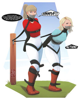 2girls armbinder arms_behind_back bondage bound celebrity chained clothed collar english_text female femsub fully_clothed gag gagged jodhpurs kristen_bell pgratedslasher restrained restrained_arms restrained_legs riding_boots riding_outfit tape tape_gag taylor_swift text