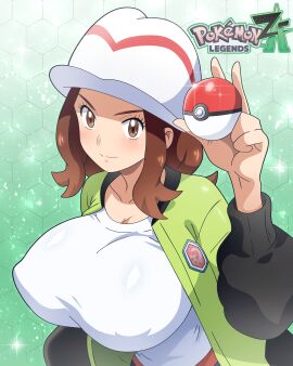 1girls breasts brown_eyes brown_hair covered_nipples green_jacket harmony_(pokemon) hat hitokiwa_kenchin huge_breasts jacket jacket_open large_breasts looking_at_viewer nintendo open_jacket pokeball pokemon pokemon_legends:_z-a shirt white_hat white_shirt