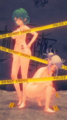 3d ass big_ass big_breasts boku_no_hero_academia breasts crossover fanart female female_only green_hair hikage_(senran_kagura) himiko_toga knife koikatsu my_hero_academia nude nude_female pinup senran_kagura tattoo tenguyurilove trait_connection