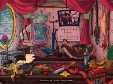 1boy 1girls animated arm_sleeves big_breasts bouncing_breasts breasts cowgirl_position desk_sex female game game_cg larry_laffer leisure_suit_larry leisure_suit_larry_7 long_hair male male_hands moaning nipples nude nude_female official_art orange_hair red_lips red_lipstick rubber_chicken sex sex_toys straight_hair tv unseen_character vicki vicky victorian_principles