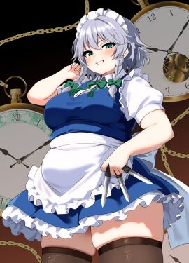 ass bbw belly_overhang big_belly big_female blush chubby chubby_female embarrassed fat fat_ass fat_female fat_fetish fatty female giantess large_female mini_giantess nerizou obese obese_female overweight overweight_female pig plump pork_chop sakuya_izayoi thick_thighs touhou tubby weight_gain