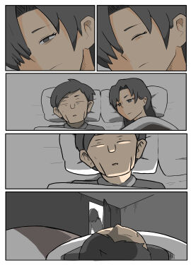 1boy 1girls bed bedroom black_eyes black_hair closed_eyes couple couple_(romantic) female husband husband_and_wife male married married_couple married_female married_male milf mother original sleeping tan_boku tired_eyes waking_up wife wife_and_husband