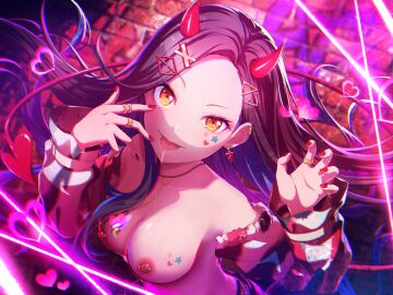 amber_eyes black_hair blue_hair breast_tattoo breasts demon devil devil_horns devil_tail drool drooling edit edited edited_official_artwork face_paint female heart heart_(symbol) large_breasts long_hair makeup multicolored_hair nail_polish neon nipple_piercing nipples pierced_nipples piercing pink_theme project_sekai project_sekai_card_edit ring shiraishi_an shirtless shirtless_female source_request star star_(symbol) succubus tattoo tongue tongue_out