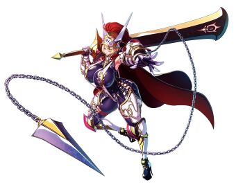 absurdres armor armored_boots armored_collar armpits asymmetrical_dual_wielding blonde_hair blue_eyes bodysuit boots breasts cape chains closed_mouth curvy detached_collar dual_wielding earrings eden's_ritter_grenze elf elf_ears female female_focus female_knight flail full_body game_cg gauntlets hair_between_eyes helm helmet high_collar high_heel_boots high_heels highres hip_vent holding holding_sword holding_weapon hoop_earrings huge_breasts huge_weapon jewelry knight kunai leg_tattoo looking_at_viewer neroma_shin official_art one_leg_raised over_shoulder pointy_ears red_cape shiny_clothes short_hair simple_background skin_tight sleeveless sleeveless_bodysuit sword tattoo thick_thighs thighs tight_clothes weapon weapon_over_shoulder white_background wide_hips