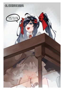 absurdres black_dress black_hair blue_eyes dress egg_vibrator english_text female hidden_vibrator highres long_hair maid maid_headdress object_insertion original public_indecency public_vibrator pussy pussy_juice sex_toy solo speech_bubble thighhighs twintails vaginal_object_insertion vaginal_penetration vibrator vibrator_in_thighhighs x-ray yeougui yuki_(yeougui)