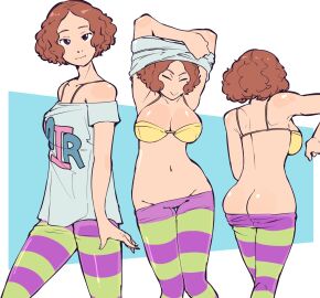1girls ass bra bra_strap breasts brown_hair female female_focus haru_okumura huge_breasts immisterplow leggings leggings_down lifting_shirt mrplow34 navel persona persona_5 striped_legwear tagme yellow_bra