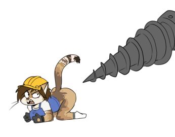 2024 all_fours anthro armor biped bottomless clothed clothing digital_media_(artwork) domestic_cat drill felid feline felis female footwear hair hard_hat headgear helia_peppercats helia_peppercats_(wrinklynewt) helmet hi_res imminent_anal mammal open_mouth overalls raised_tail short_hair simple_background socks solo tail white_background zeekzag