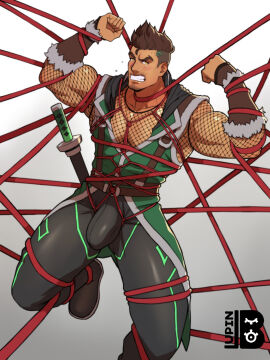1boy armor bara belts biceps blush boots bound bulge bulge_through_clothing chin_tuft clenched_teeth clothed clothing enzo flaccid flexing flexing_arms fully_clothed fur gauntlets gay looking_at_viewer lupin_barnabi male male_only muscles muscular muscular_male original_character penis penis_bulge red_rope skinsuit solo solo_male suspended suspended_in_midair suspenders sword tied_up white_background yaoi