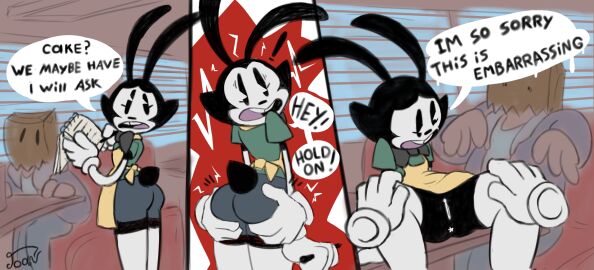 2023 3_panel_comic 4_fingers absurd_res algob4v anthro anus apology apron ass ass_grab bag_over_head bav black_body black_eyes black_fur black_nose black_pussy black_tail black_text blinds blue_bottomwear blue_clothing blue_jeans blue_pants bon_(bav) bottomwear butt_grab clothing countershade_face countershading denim denim_bottomwear denim_clothing disembodied_hand duo_focus english_text exclamation_point eyelashes female fingers fur furniture genitals gloves green_clothing green_shirt green_topwear grey_bottomwear grey_clothing group hand_on_another's_butt hand_on_ass hand_on_butt hands_on_knees hands_on_legs handwear hi_res holding_object holding_pen hoodie human humanoid_genitalia humanoid_pussy jeans lagomorph leporid looking_at_another looking_back male mammal on_table open_mouth pants pen pussy question_mark rabbit scut_tail shirt short_tail sitting speech_bubble spread_legs spreading surprised_expression surprised_face table tail talking_to_another tan_body tan_skin teeth text tongue toony toony_eyes topwear trio waiter white_body white_clothing white_countershading white_face white_gloves white_handwear yellow_apron yellow_clothing