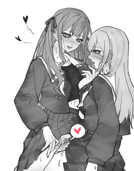 2girls artist_request bang_dream! bang_dream!_it's_mygo!!!!! blush commentary commission ear_blush female female_pubic_hair futa_with_female futanari greyscale hair_ribbon highres intersex long_hair long_sleeves monochrome multiple_females multiple_girls open_clothes open_mouth open_shirt penis pleated_skirt pubic_hair pussy ribbon school_uniform second-party_source sidelocks simple_background skirt spot_color sweat togawa_sakiko tsukinomori_school_uniform wakaba_mutsumi white_background