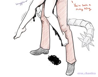 1boy 1girls black_cum cum_drip dangling dangling_legs demiurge_(overlord) demon eros_chaotica feet_off_ground feet_up female from_behind from_behind_position garnet_strix implied_sex implied_sex_from_between_legs male male/female messy offscreen_sex original original_character overlord_(maruyama) size_difference standing standing_sex suit