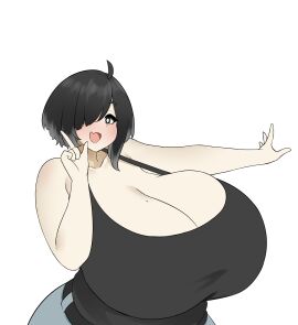 1girls big_breasts black_hair bouncing_breasts breasts chubby chubby_female cleavage clothed clothed_female cute dancing dinda female female_only happy huge_boobs huge_breasts light-skinned_female light_skin looking_at_viewer mole_on_breast nikasubsia original original_character pointing_up short_hair smile solo solo_female tank_top