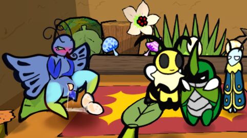 2024 accurate_art_style antennae_(anatomy) anthro arthropod bee beetle biped blue_body blue_wings blush bodily_fluids bug_fables butterfly carpet clothed clothing egg egg_laying female flower fungus genital_fluids genitals green_body group half-closed_eyes hi_res hymenopteran insects inside kabbu_(bug_fables) leif_(bug_fables) lepidopteran madame_butterfly_(bug_fables) male moonsprout_games moth mushroom naked narrowed_eyes nude one_eye_closed plant robe robe_only screencap screencap_background sitting squaresville standing vi_(bug_fables) wings yellow_body