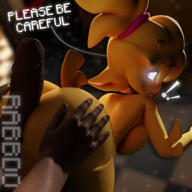 3d animatronic anthro ass ass_grab assjob avian big_ass big_breasts big_butt big_penis bird breasts buttjob chica_(cally3d) chica_(fnaf) chicken chiku dialogue digital_media_(artwork) duo erection exclamation_point female five_nights_at_freddy's fredina's_nightclub galliform gallus_(genus) genitals glowing glowing_eyes hi_res hot_dogging human looking_back machine male male/female mammal penis phasianid pink_eyes rabbdo robot scottgames sex