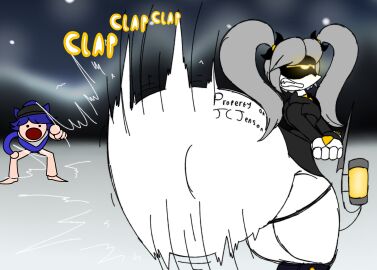 1girls actualbeef ass ass_bigger_than_head ass_clapping ass_focus ass_jiggle ass_shake big_ass big_butt bottomless female female_only funny_background_event glitch_productions hyper hyper_ass j_(murder_drones) large_ass large_butt murder_drones robot robot_girl robot_humanoid topwear twerk twerking white_hair yellow_eyes