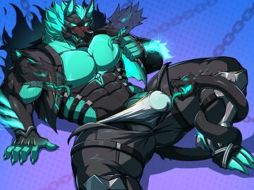 3_heads 5_fingers abs absurd_res anthro areola biceps big_muscles black_body black_bottomwear black_clothing black_nipples black_pants black_tail blue_body blue_claws blue_eyes blue_penis blue_tongue blush bodily_fluids bottomwear bulge canid canid_demon canine canis cerberus_(fortnite) claws clothed clothing clothing_pull demon detailed_bulge digital_media_(artwork) drks epic_games erection fangs fingers fortnite fur genital_fluids genital_outline genitals glowing glowing_eyes hair hellhound hi_res humanoid_genitalia humanoid_penis licking living_tail male male_only mammal multi_head muscles muscular muscular_anthro muscular_male mythological_canine mythological_creature mythology nipple_fetish nipple_lick nipple_play nipples oral pants pec_lick pecs penile penis penis_lick penis_outline sex solo tail teeth tongue tongue_out topwear underwear underwear_pull unusual_anatomy unusual_tail vein veiny_penis