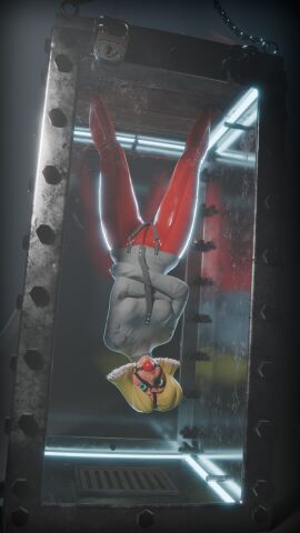 1girls 3d ball_gag blonde_hair blue_eyes bodysuit bondage captured captured_heroine chains clover_(totally_spies) female female_only gagged highres latex latex_bodysuit lia3d light-skinned_female light_skin restrained restrained_arms serpentorder short_hair straitjacket torture_device totally_spies upside-down zipper