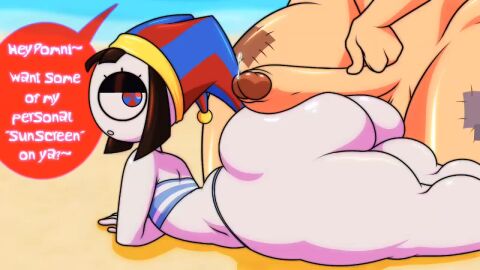 1futa 1girls animated ass brown_hair dialogue female futa_on_female futanari huge_ass mp4 on_stomach papriko penis_on_ass pomni_(the_amazing_digital_circus) ragatha_(the_amazing_digital_circus) small_breasts sound sound_effects swimsuit tagme text the_amazing_digital_circus thick_thighs video