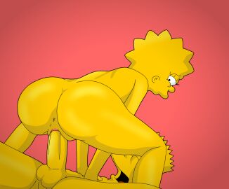 1boy 1girls anus ass balls bart_simpson brother_and_sister completely_nude cowgirl_position evilweazel female from_behind hands_on_chest incest lisa_simpson looking_back looking_pleasured low-angle_view male nude penis pink_background pussy riding_penis shaded smile the_simpsons vagina vaginal_penetration