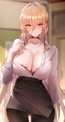 azur_lane black_bra black_choker black_pantyhose black_skirt blonde_hair blurry blurry_background blush bra bra_peek breasts cg choker cleavage closed_mouth collarbone collared_shirt cowboy_shot dress_shirt female glasses hair_between_eyes high-waist_skirt implacable_(azur_lane) implacable_(shepherd_of_the_"lost")_(azur_lane) indoors large_breasts long_hair long_sleeves looking_at_viewer official_alternate_costume open_clothes open_shirt orange_eyes panties pantyhose partially_unbuttoned pencil_skirt round_eyewear sea_nami shirt shirt_tucked_in skirt smile solo underwear very_long_hair white_shirt