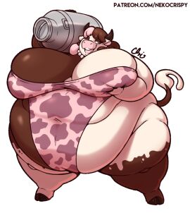 1girls anthro ass belly bovid bovid_humanoid bovine breasts brown_eyes brown_hair chocovanilla cow_print fat female female_focus female_only furry hips holding_breast jug large_ass large_breasts leotard necklace nekocrispy overweight overweight_female pearl_necklace pink_hair stomach thick_thighs thighs weight_gain wide_hips