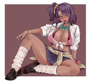 1girls bikini_top breasts brown_eyes choker cleavage condom dark_skin female gyaru huge_breasts kneehighs kogal large_breasts legs_apart long_fingernails looking_at_viewer loose_socks navel navel_piercing painted_nails panty_peek piercing pleated_skirt purple_hair school_uniform scrunchie see-through see-through_top sitting smile solo solo_female sweat tagme upskirt wink