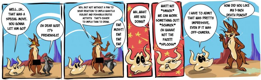 3_toes 4_fingers abstract_background anthro arm_pull attack barefoot belly biped black_body black_eyes black_fur black_nose bodily_fluids bone bovid bovine breaking_the_fourth_wall brown_body brown_fur buckteeth canid canine canis cattle censor_bar censored censored_genitalia censored_penis chest_tuft clenched_teeth colored comic cotton_tail countershade_torso countershading coyote coyoteville cum cum_on_face cum_on_ground cum_pool desert dialogue digital_media_(artwork) disgust disgusted_expression disgusted_face ears_back ed_the_cowskull ejaculation english_text featureless_crotch feet fingers fist foot_on_knee foot_on_leg fur genital_fluids genital_torture grey_belly grey_body grey_fur grey_nose grin group half-closed_eyes hands-free horn humor lagomorph leporid long_ears male mammal milk_puddle narrowed_eyes nippleless nude open_mouth paws pecs penis pivoted_ears plantigrade puddle punch punching_face rabbit red_background sean_o'desse shaded shocked simple_background skull smile speech_bubble spontaneous_ejaculation squint squinted_eyes standing standing_in_cum star_symbol stevethedragon surprise surprised_expression surprised_face surprised_look tan_belly tan_body tan_fur teeth teeth_showing text toes trio tuft whiskers white_sclera