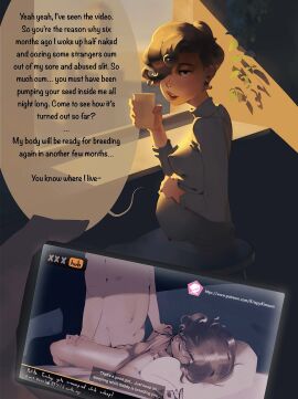 1boy 1girls 2024 2d before_and_during_pregnancy breasts brown_eyes brown_hair closed_eyes clothing english_text female femsub implied_impregnation implied_vaginal impregnation_request juxtaposition krispy_(character) krispy_kimson male maledom nipples open_mouth original_character penetration pregnant pussy recording secretly_loves_it shirt shirt_lift short_hair sleep_molestation sleep_sex sleeping somnophilia spread_legs text tomboy vaginal_penetration vaginal_sex