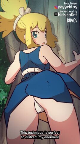1girls 9:16 animated ass ass_shake big_ass blonde_hair clothing diives dr.stone fat_ass female female_only kohaku_(dr.stone) large_ass looking_at_viewer looking_back outdoors panties shaking_ass solo thick_ass thick_thighs tree vertical_video wide_hips