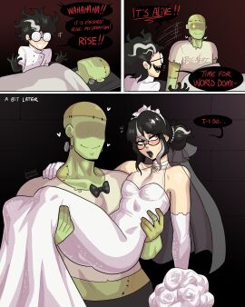 2boys before_and_after big_dom_small_sub big_meat_(loggus_doggus) black_hair black_lipstick blush bride bride_gown carrying carrying_partner crossdressing dialogue femboy feminization frankenstein's_monster glasses halloween literature loggus_doggus male male_bride male_only monster_on_femboy nightmare_husbando public_domain red_eyes round_glasses sissy speech_bubble stitches swirly_glasses text tied_hair undead very_high_resolution wedding_dress zombie
