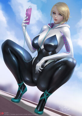 artist_name asymmetrical_hair ballet_slippers black_bodysuit blonde_hair blue_eyes bodysuit breasts cleavage cloud cloudy_sky day earbuds earphones female full_body gwen_stacy hood hood_down hooded_bodysuit large_breasts latex latex_bodysuit looking_at_viewer marvel marvel_comics nose open_mouth patreon_username patterned_clothing phone reflection reflective_clothes sade_abyss shiny_clothes signature sky solo spider-gwen spider-man_(series) spread_legs squatting superhero superhero_costume superheroine teeth two-tone_bodysuit variant_set web_address white_bodysuit