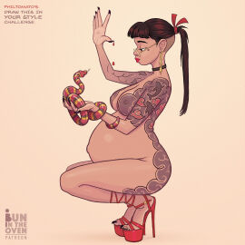 1girls beauty_mark belly big_belly breasts brown_hair bunintheoven female glasses high_heels nipples pregnant snake snake_handler tattoo undercut