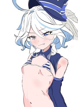 blue_eyes blush cute disgusted_look female furina_(genshin_impact) genshin_impact hat pointy_chin solo solo_focus swimsuit white_hair white_skin
