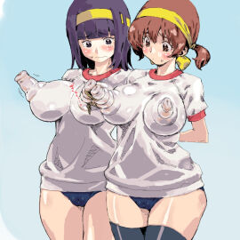 2015 2girls arms_behind_back bare_arms black_eyes black_hair blue_buruma blush bondage breasts brown_eyes brown_hair buruma cameltoe erect_nipples erect_nipples_under_clothes eyebrows_visible_through_hair female female_only gym_uniform hairband heart highres huge_breasts large_breasts long_nipples looking_at_breasts matching_hair/eyes multiple_females multiple_girls nipple_bondage nipple_bulge nipples original outdoors petitdry pussy restrained rope shirt short_hair short_twintails sky sound_effects standing thick_thighs thighhighs thighs tight_clothing twintails wavy_mouth white_shirt yellow_hairband zettai_ryouiki