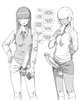 2futas balls balls_bra bangs big_penis breasts bully bullying clothed clothing duo english_text erect_penis erection female futa futa_only futadom futadom_caption futanari human intersex inviting inviting_to_sex light-skinned_female light_skin long_hair looking_at_viewer monochrome mostly_clothed penis school_uniform skirt standing sulcate testicles text