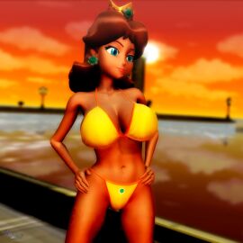 1girls 3d big_breasts bikini blackwashed blue_eyes breasts brown_hair busty cleavage confident dark-skinned_female dark_skin female female_only hands_on_hips hi_res large_breasts legs mario_(series) navel nintendo pose posing princess princess_daisy short_hair smile solo thighs virtualblueam2 voluptuous yellow_bikini