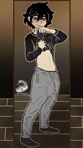 1boy 2023 andrew_graves aqua_regia_arts artist_name black_hair blush erect_penis erection erection_under_clothes green_eyes male male_only mirror mirror_selfie penis selfie solo_male sweater sweater_lift the_coffin_of_andy_and_leyley twink watermark