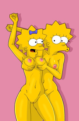 2girls aged_up breast_lift breasts collarbone completely_nude erect_nipples evilweazel female grabbing_breasts grabbing_from_behind incest lisa_simpson looking_at_another maggie_simpson navel nipples nude pink_background pussy shaded shadow sisters the_simpsons vagina