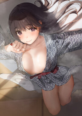 bare_calves bare_chest bare_hands bare_knees bare_legs bare_skin bare_thighs black-haired_female black_hair blush blush_lines blushing_female breasts breasts_apart brown_eyes brown_hair chest closed_mouth collarbone eyebrows_visible_through_hair female fingernails hourglass_figure indoors inushima japanese_clothes kimono knees lips long_hair long_sleeves looking_at_viewer lying medium_breasts nail nail_polish on_back on_bed original original_art original_artwork original_character pink_fingernails pink_nail pink_nail_polish purple-eyed_female purple_eyes sash slender_body slender_waist slim_female slim_waist smile solo tareme thighs thin_waist upside-down wide_sleeves yukata