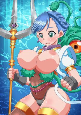 animated blue_hair blush bouncing_breasts breasts duel_monster earrings erect_nipples exposed_breasts female green_eyes huge_breasts konami legwear maiden_of_the_aqua navel nervous nipples rabbitsrapid sweatdrop tentacle thick_legs yoshiro_of_the_aqua yu-gi-oh!