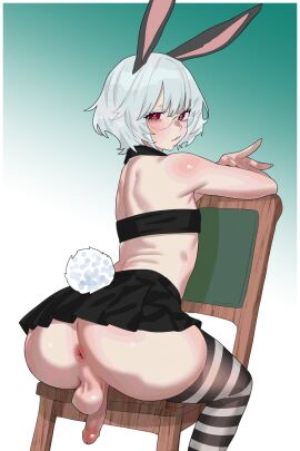 1boy absurdres animal_ears anus ass back black_thighhighs closed_mouth commentary commission english_commentary femboy gradient_background green_background heart heart-shaped_pupils highres kanoji_(ni_kanojo) looking_at_viewer male on_chair original otoko_no_ko penis pleated_skirt rabbit_boy rabbit_ears rabbit_tail red_eyes round_eyewear short_hair simple_background sitting skirt solo striped_clothes striped_thighhighs symbol-shaped_pupils tail thighhighs two-tone_background two-tone_thighhighs white_background white_hair white_thighhighs