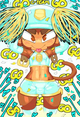 2024 anthro arm_warmers armor armwear bloons_tower_defense bottomwear brown_body brown_eyes brown_fur bulge cheering cheerleader cheerleader_outfit choker clothed clothing colored confetti crop_top detailed_bulge digital_drawing_(artwork) digital_media_(artwork) english_text eyebrows eyelashes femboy fur gay genital_outline genitals goatboydraws haplorhine headgear heart_symbol helmet hi_res hotpants jewelry legwear looking_at_viewer male mammal military_helmet monkey necklace ninja_kiwi nipple_outline penis penis_outline pom_poms primate raised_arms seductive shirt shorts skimpy small_penis small_waist smile solo standing teal_clothing teal_crop_top teal_hotpants teal_legwear teal_shirt teal_thigh_highs teal_topwear text thick_eyebrows thick_eyelashes thigh_gap thigh_highs tight_clothing tongue tongue_out topwear wide_hips