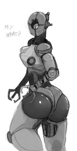 1_eye ass assaultron assaultron_(fallout) big_ass big_butt breasts english_text fallout female greyscale hi_res humanoid looking_back machine mcsweezy microsoft monochrome robot robot_humanoid simple_background solo text