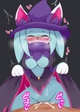 2024 3_fingers ayatori black_background blue_body blue_fur blush blush_lines bodily_fluids bottomwear breasts breath closed_eyes clothed clothing clothing_lift cowgirl_position cum cum_in_pussy cum_inside cum_overflow digital_media_(artwork) felid feline female fingers from_front_position fur genital_fluids genitals hat headgear headwear heart_symbol hi_res human humanoid humanoid_genitalia humanoid_penis inner_ear_fluff japanese_text katress looking_down male male/female mammal mouth_covered navel on_bottom on_top pal_(species) palworld penetration penis pocketpair purple_clothing purple_hat purple_headwear pussy red_eyes sex shuddering simple_background skirt skirt_lift sound_effects text tuft vaginal_penetration white_paws witch_hat