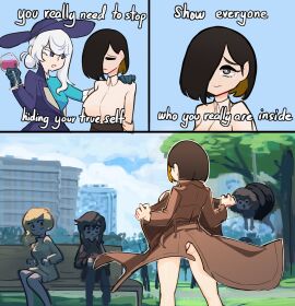 ass black_hair blue_eyes breasts centurii-chan comic dialogue english_text exhibitionism female flashing funny glass grey_eyes hair_covering_eye hair_over_one_eye kamura_(rain_prophet) one_eye_covered one_eye_obstructed open_clothes original outdoors park park_bench playground rapier_waifu_(centurii-chan) short_hair text white_hair wine