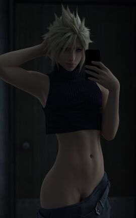 1boy 3d belly_button blonde_hair blue_eyes cloud_strife embercock emberstock femboy final_fantasy final_fantasy_vii light-skinned_male light_skin male male_only navel phone selfie smartphone solo taking_selfie