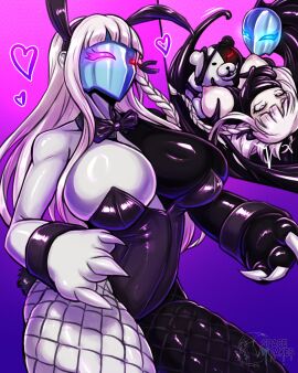 1girls alternate_costume bare_breasts bear blue_eyes bodysuit bondage breasts bunny_ears bunny_girl bunny_waitress claws claws_out corruption dangan_ronpa danganronpa eye_color_change female femsub fusion gag glowing_eyes heart heterochromia hypnosis hypnotic_mask kirigiri_kyouko kyoko_kirigiri large_breasts latex living_costume long_hair mask mind_control monokuma nipples original paws persona persona_5 pink_background pink_eyes possession purple_background purple_eyes red_eyes restrained shadow_(persona) shadow_bunny shadow_waitress simple_background slime spacen'cake spacen'cakes symbol tentacle tight_clothing transformation white_hair